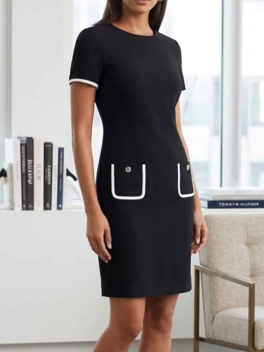 Tommy Hilfiger black short sleeve dress round neckline white contrast trim